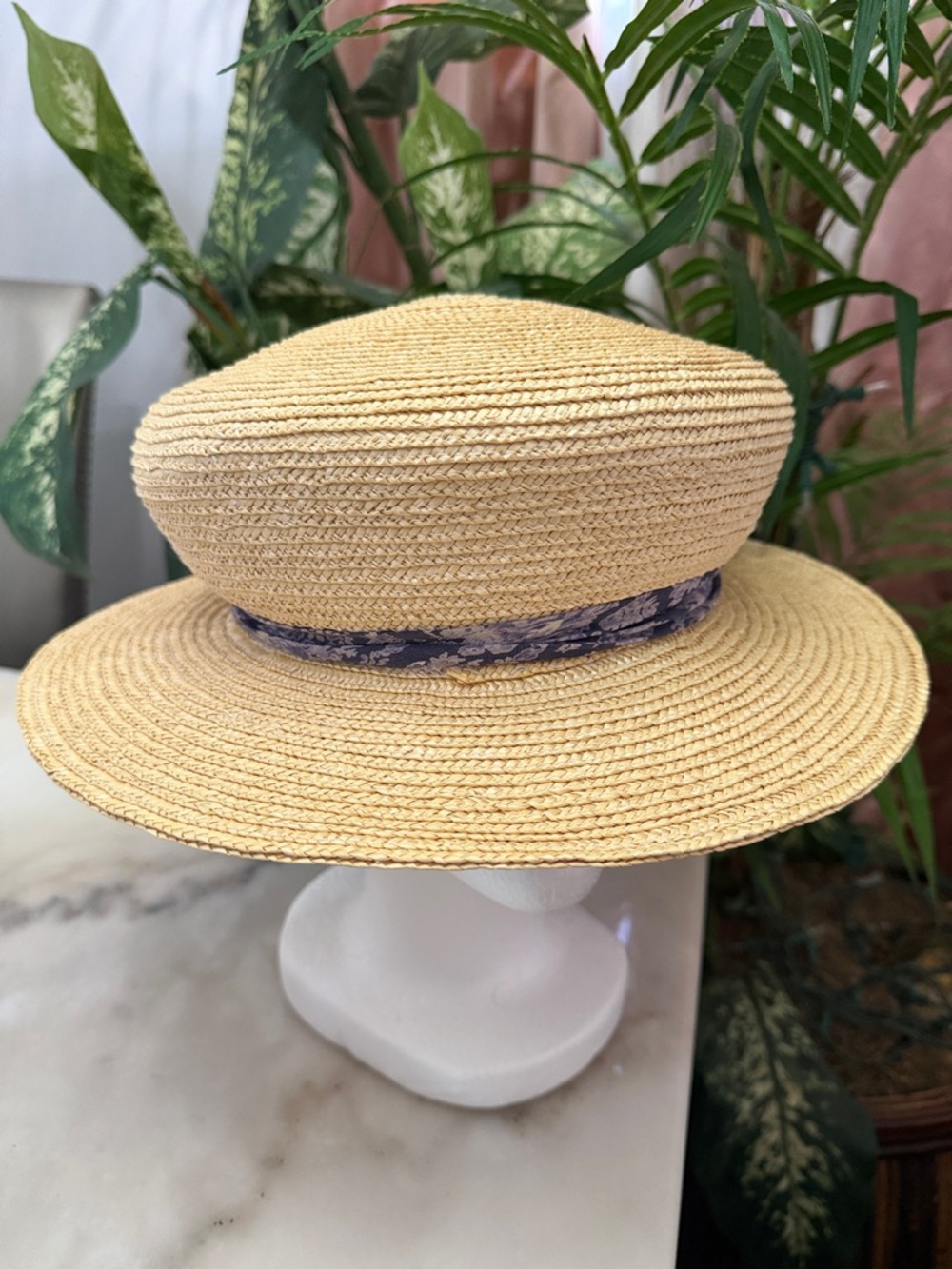April Cornell Vintage Natural Straw Boater Hat with Blue Floral Bow - Picture 4 of 13